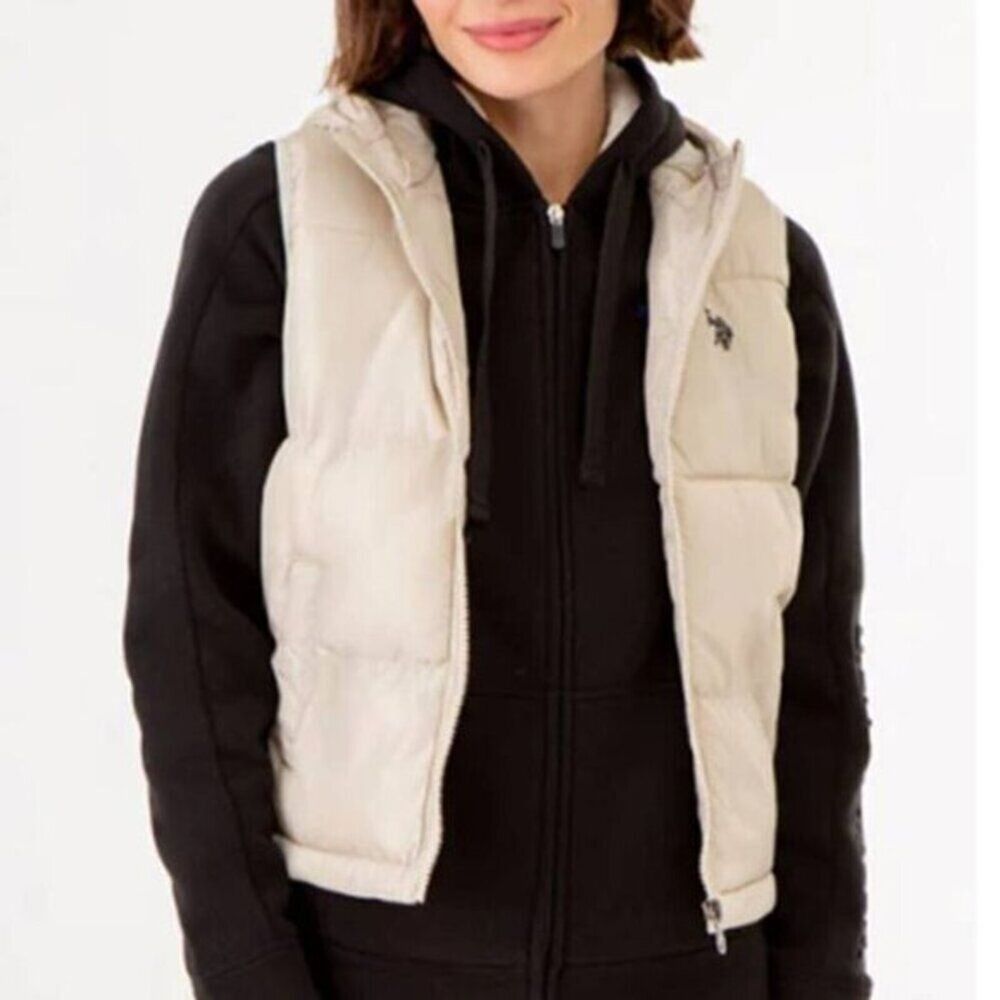 US Polo Puffer Hoodie Cropped Vest Large Women's Front Zip Beige